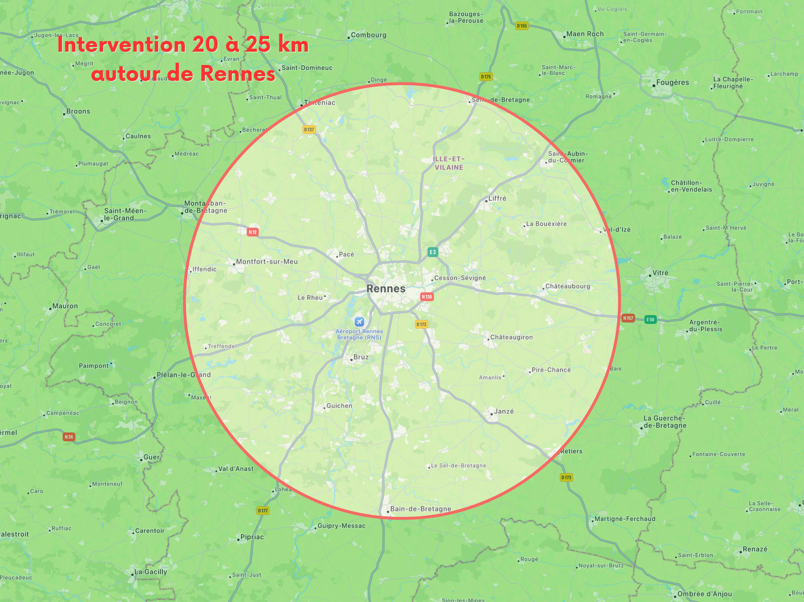 Carte des zones d’intervention de Rennet Propreté à Rennes et dans un rayon de 25 km